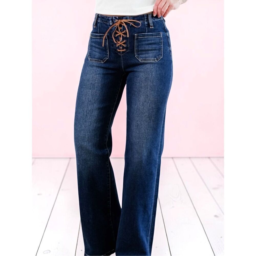 Risen High Rise Wide Leg Lace Up Jeans Dark Wash Tie Patch Pocket Stretch Denim - Picture 4 of 13